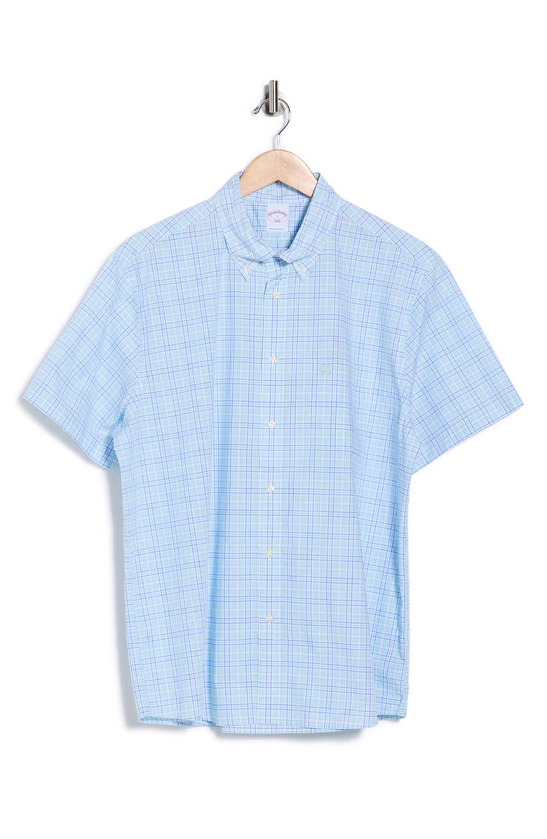 Brooks Brothers Regular Fit Plaid Short Sleeve Cotton Button-Down Shirt, Alternate, color, Aqua