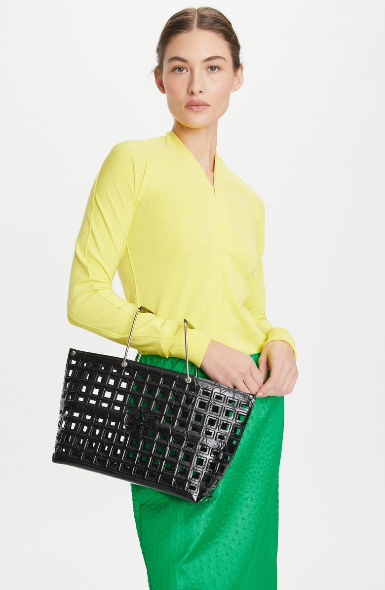 Tory Burch Ella Croc Embossed Leather Shopping Basket Tote, Alternate, color,