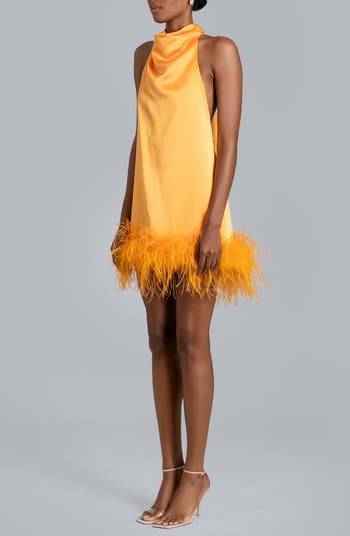 Nolita Feather Trim Halter Satin Cocktail Minidress