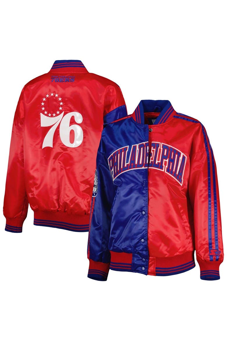 Women's Starter Royal/Red Philadelphia 76ers Split Colorblock Satin Full-Snap Varsity Jacket, Main, color, Royal