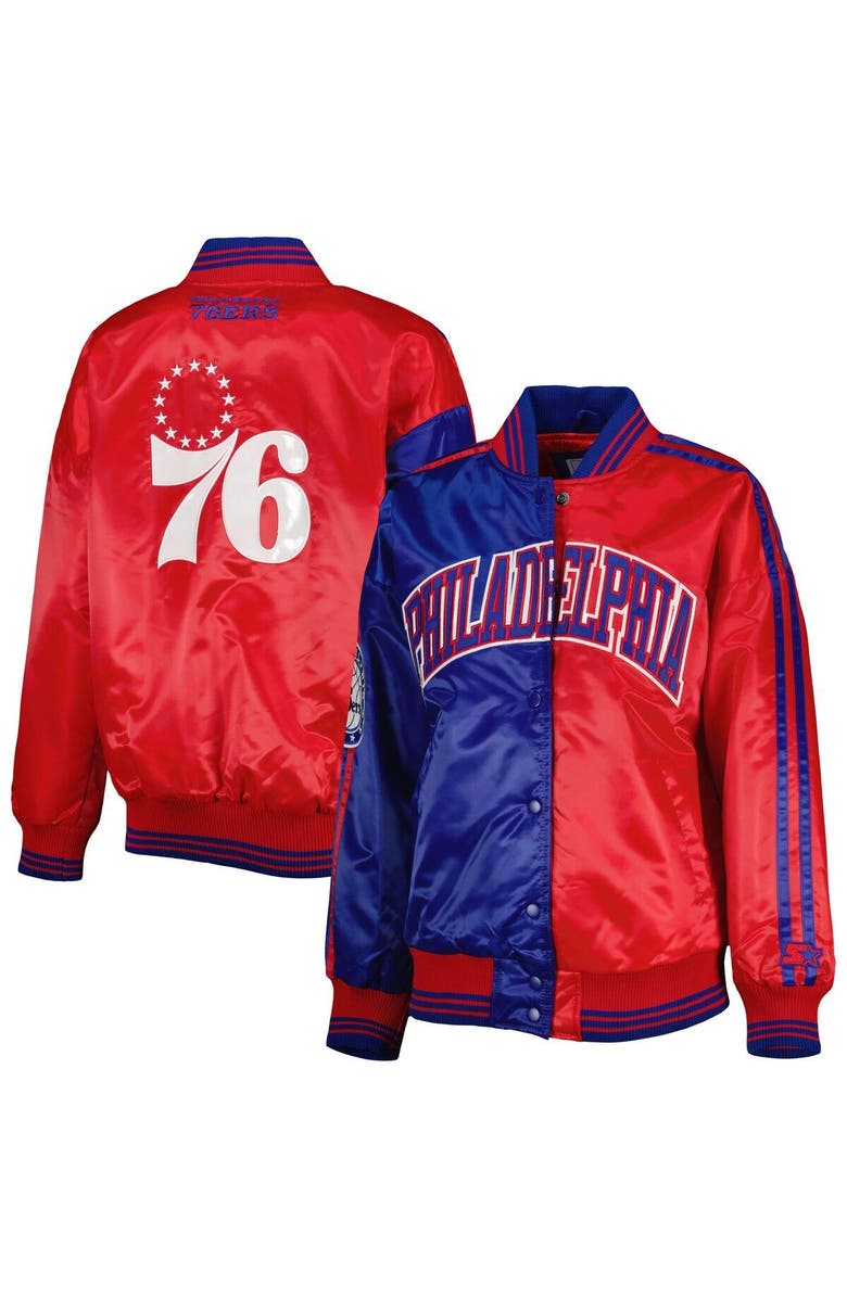 STARTER Women's Starter Royal/Red Philadelphia 76ers Split Colorblock Satin Full-Snap Varsity Jacket, Main, color, Royal