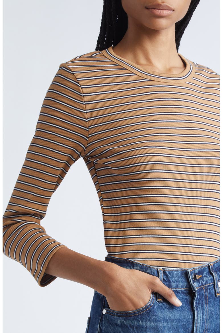 Pruitt Stripe Three Quarter Sleeve Cotton T-Shirt, Alternate, color, BROWN MULTI