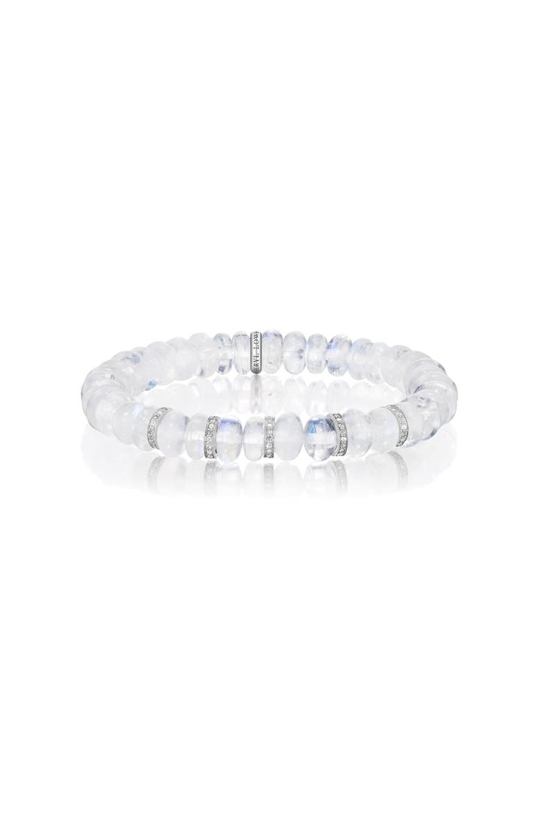 Sheryl Lowe Rainbow Moonstone 8mm Bead Bracelet with 5 Diamond Rondelles, Main, color, Moonstone / Sterling Silver