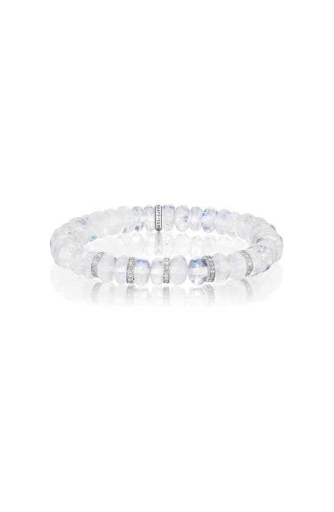 Rainbow Moonstone 8mm Bead Bracelet with 5 Diamond Rondelles