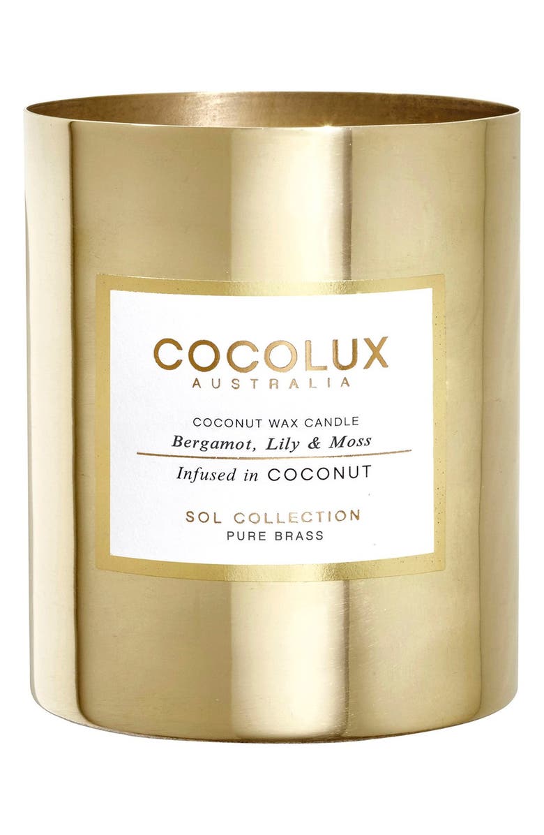 Cocolux Australia Bergamot, Lily & Moss Brass Candle, Main, color,