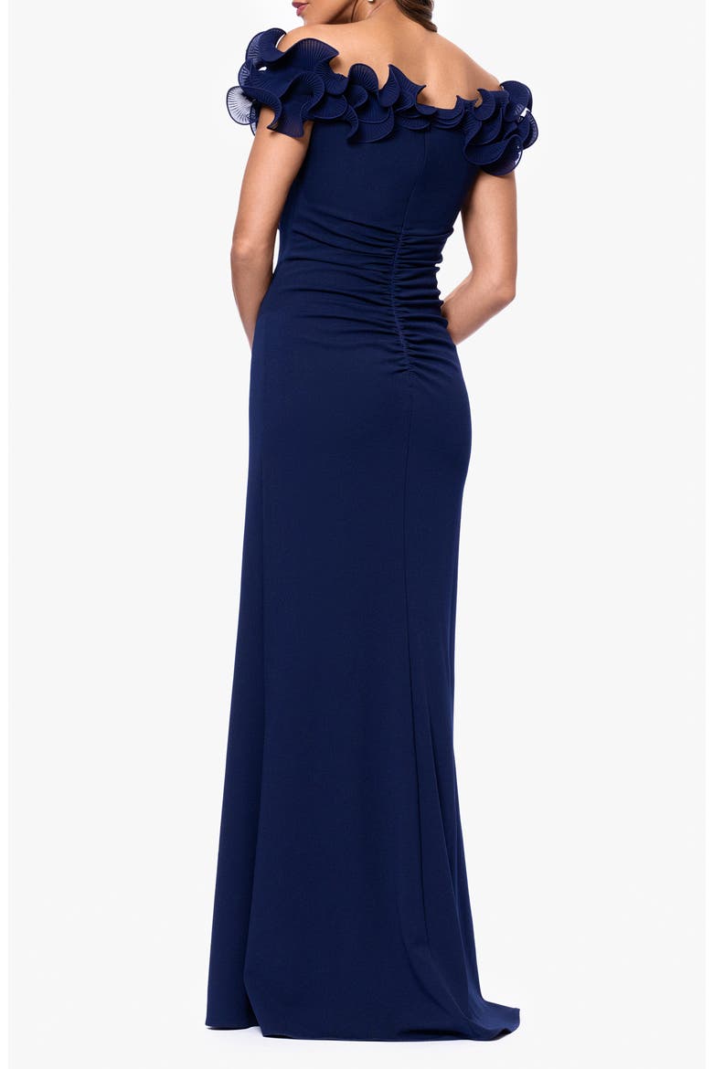xscape off the shoulder lace dress Xscape Women's Ruffled-Off-The-Shoulder Crepe Gown - Navy