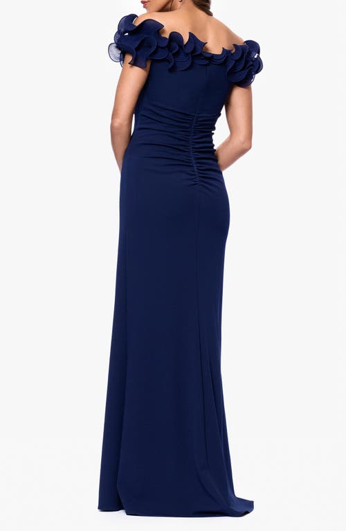 Xscape Evenings Lace Detail Off The Shoulder Sheath Gown In Navy