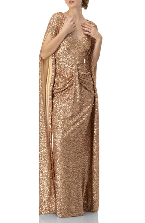 Long Sleeve V-Neck Sequin Evening Dress with Slit