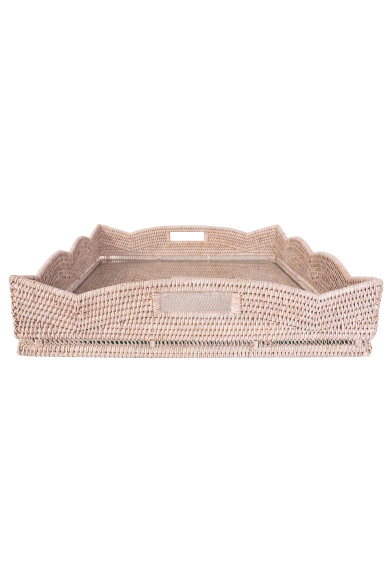 Scalloped Rattan Square Tray with Glass Insert, Alternate, color, White Wash