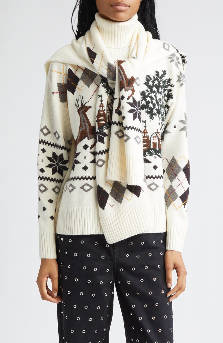 MONSE Tie Scarf Overlay Fair Isle Extrafine Merino Wool Turtleneck Sweater, Main, color, Ivory