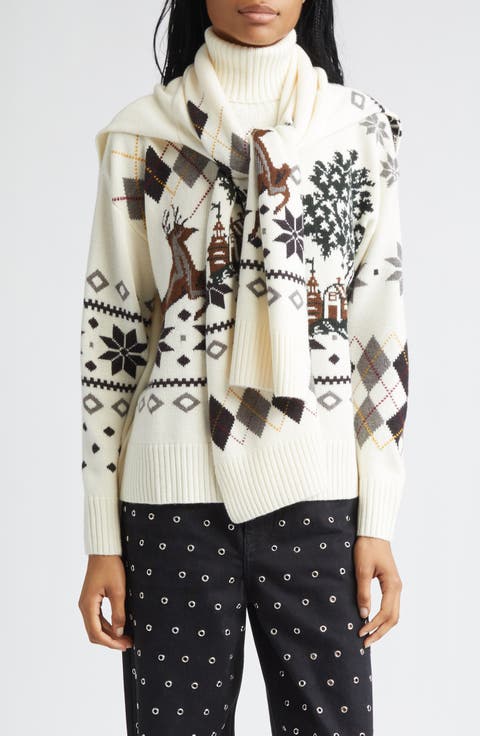 Tie Scarf Overlay Fair Isle Extrafine Merino Wool Turtleneck Sweater