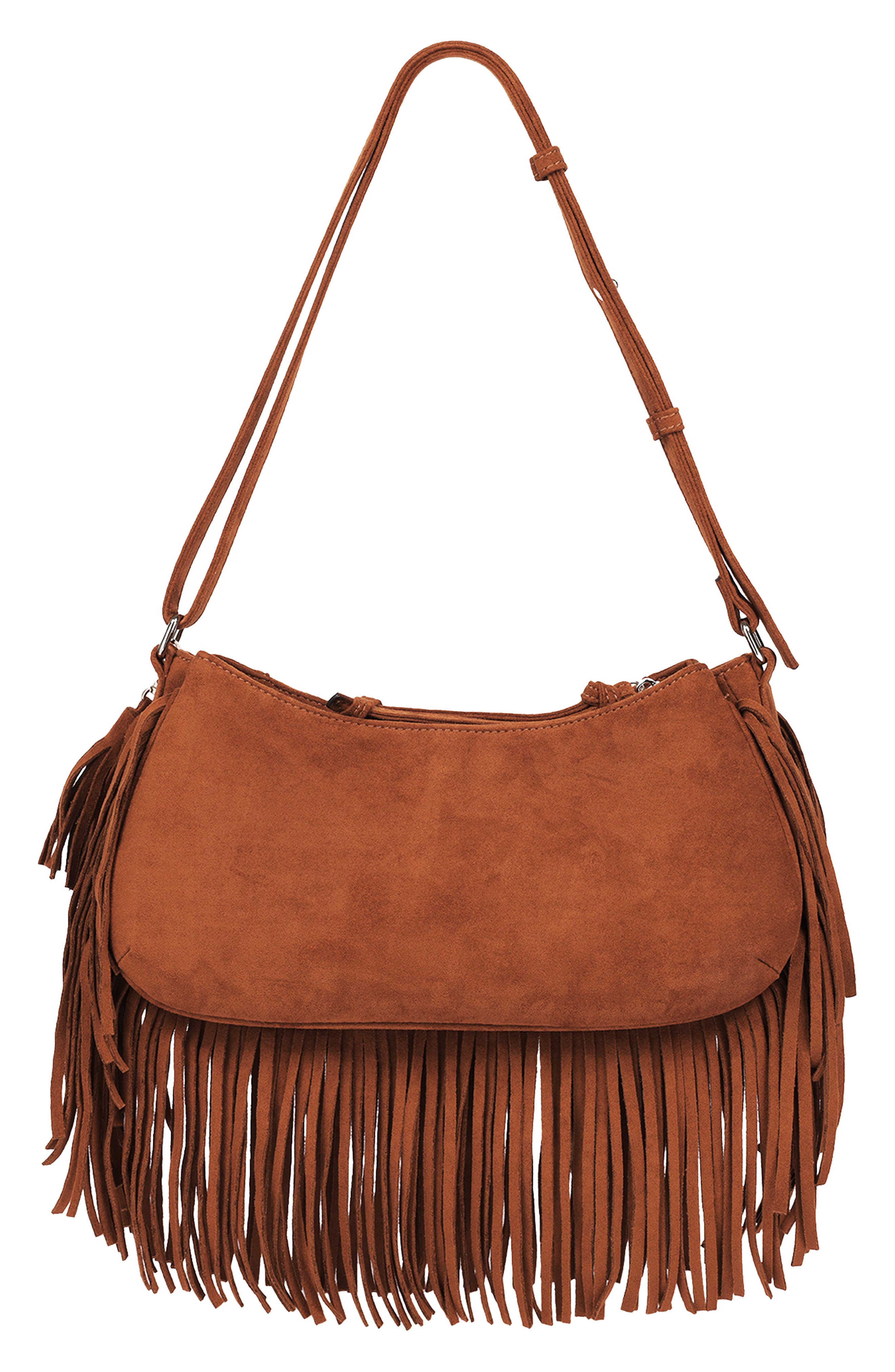 Vintage Dangle Fringe Faux Suede Hobo, Alternate, color, COGNAC