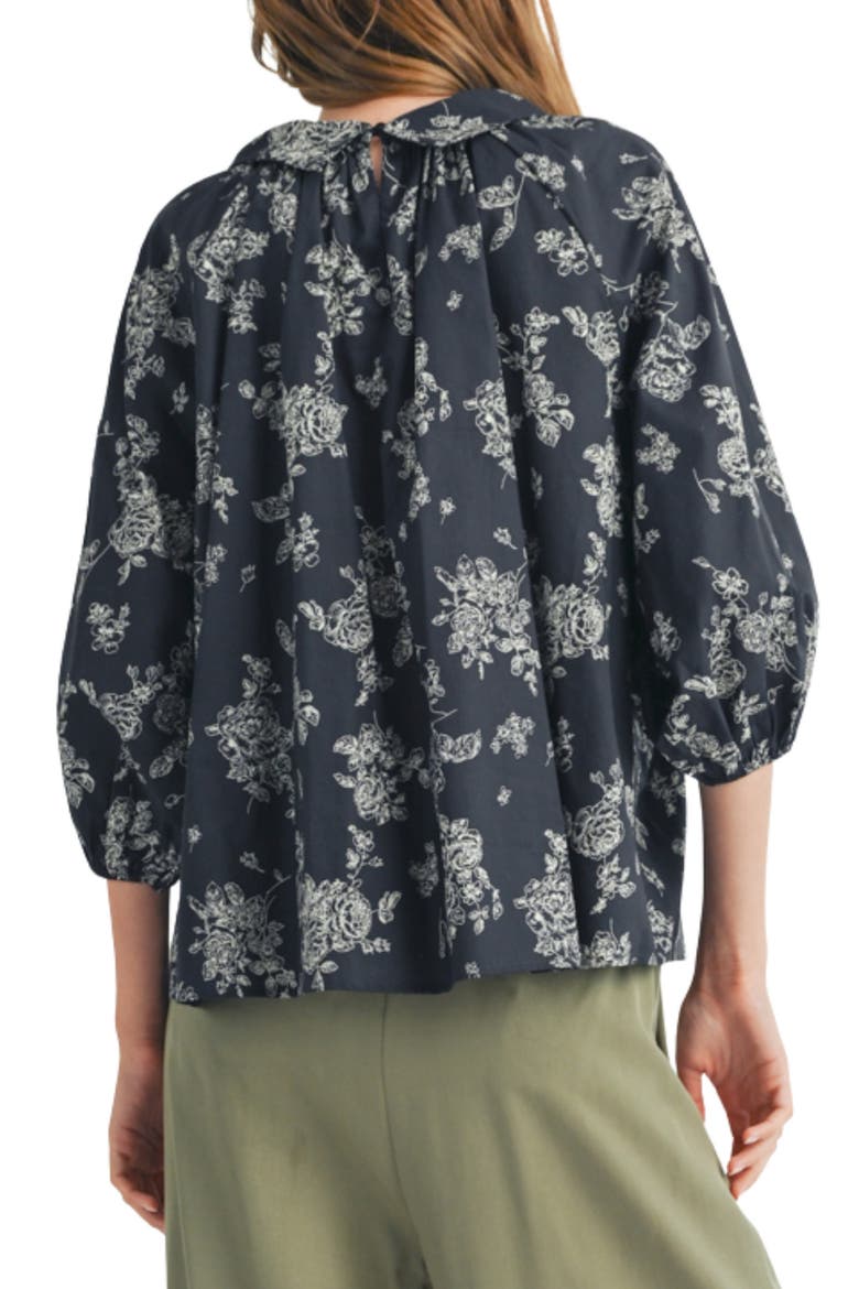 Floral Three-Quarter Sleeve Cotton Top, Alternate, color, BLACK IVORY