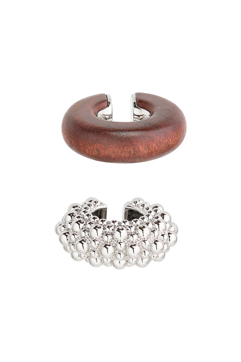 Set of 2 Mismatched Ear Cuffs, Main, color, WOOD / SILVER