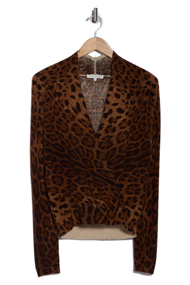 Leopard Print Faux Wrap Wool Cashmere Blend Sweater, Alternate, color, BRN