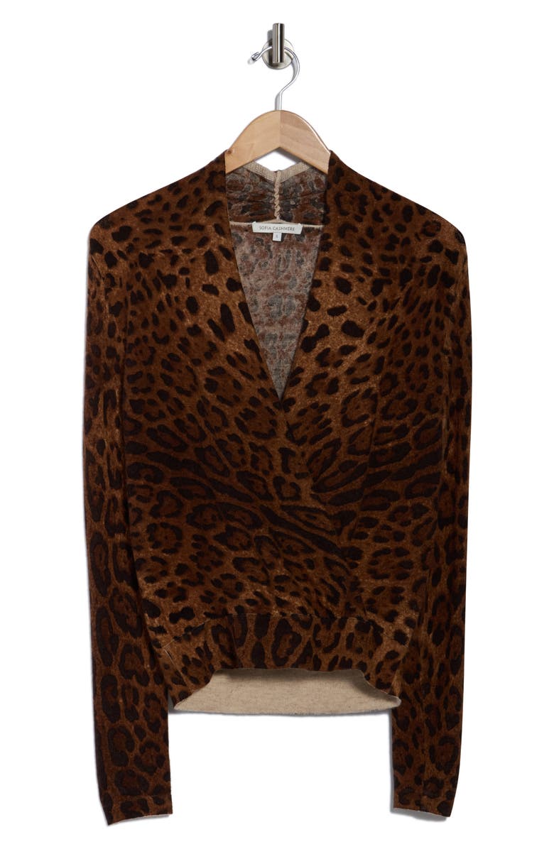 Sofia Cashmere Leopard Print Faux Wrap Wool Cashmere Blend Sweater, Alternate, color, Brown