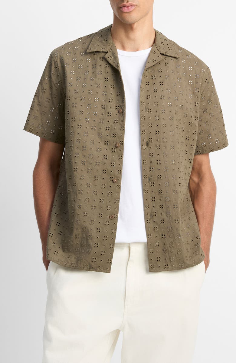 Vince Floral Eyelet Cotton Camp Shirt, Main, color, Dome
