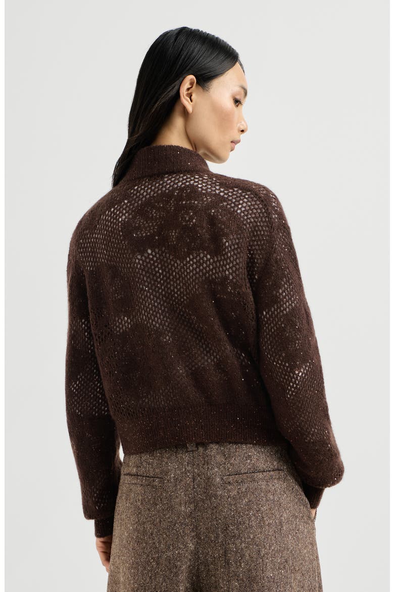 Lace flowers cardigan in sparkling mohair and virgin wool, Alternate, color, Brown