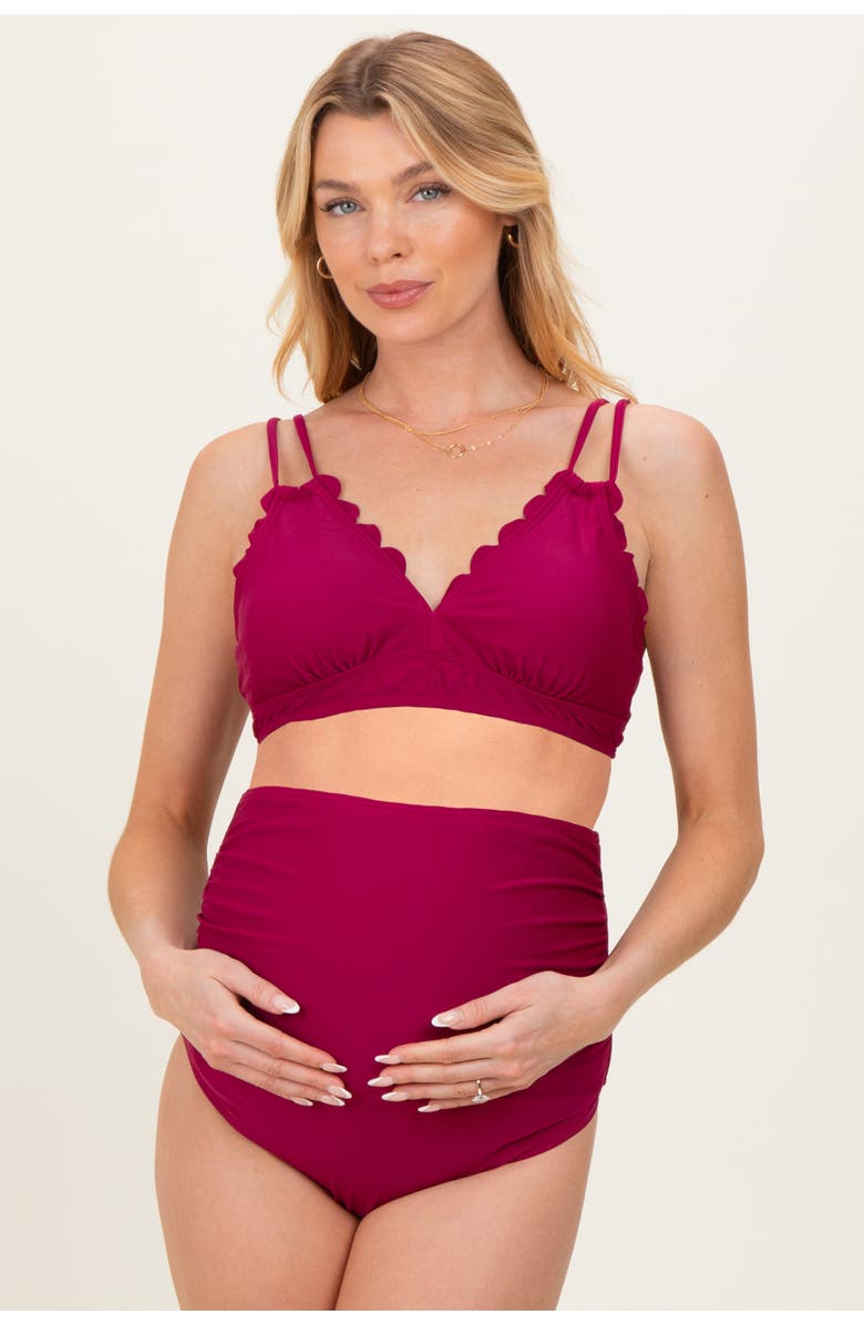 PinkBlush Scalloped V-Neck High Waist Two-Piece Swimsuit, Main, color, Burgundy