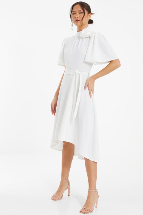 Quiz Scuba Crepe Flower Detail Dip Hem Dress In White