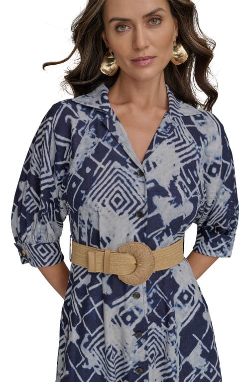 Shop Donna Karan New York Print Belted Long Sleeve Linen Blend Maxi Shirtdress In Ink Multi