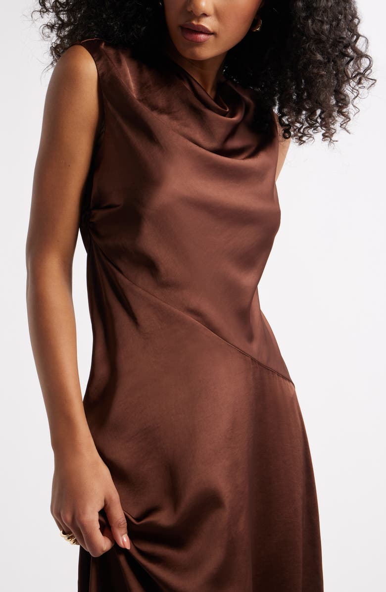 Open Edit Cowl Neck Asymmetric Satin Midi Dress, Alternate, color, Brown Soil