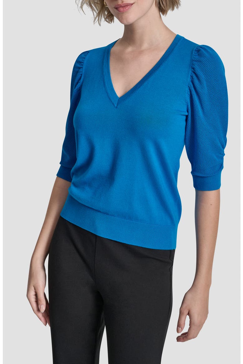 Puff Sleeve V-Neck Sweater, Main, color, OCEAN BLUE