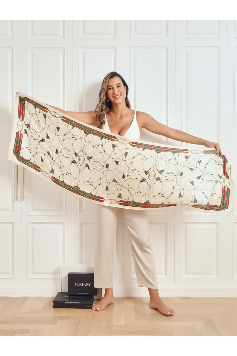 Silk Printed Rectangular Long Stole Scarf, Alternate, color, Beige