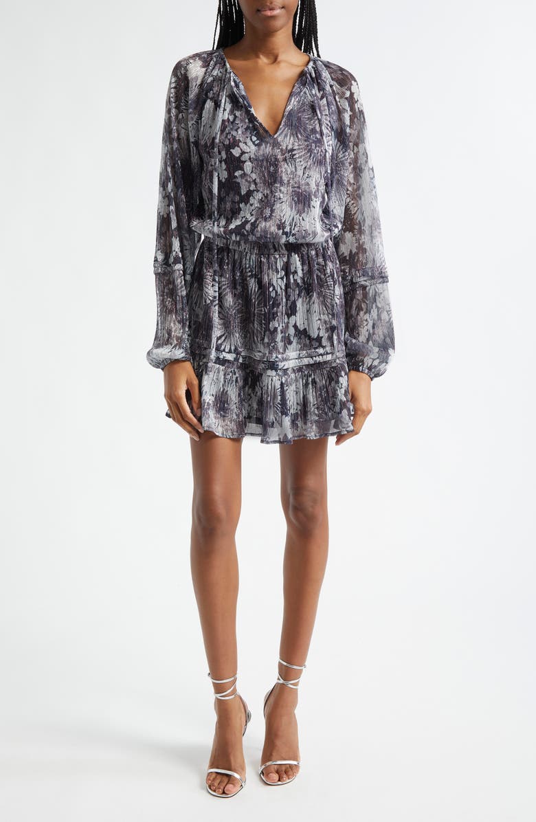 Ramy Brook Twilight Aaliyah Metallic Long Sleeve Chiffon Minidress, Main, color, Dove Grey Floral