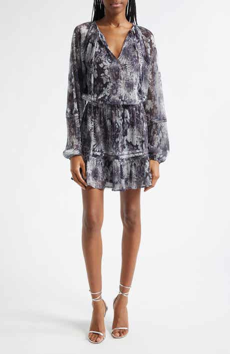 Ramy Brook Twilight Aaliyah Metallic Long Sleeve Chiffon Minidress