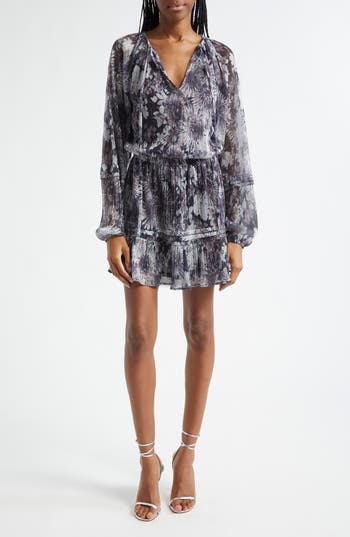 Ramy Brook Twilight Aaliyah Metallic Long Sleeve Chiffon Minidress In Dove Grey Floral