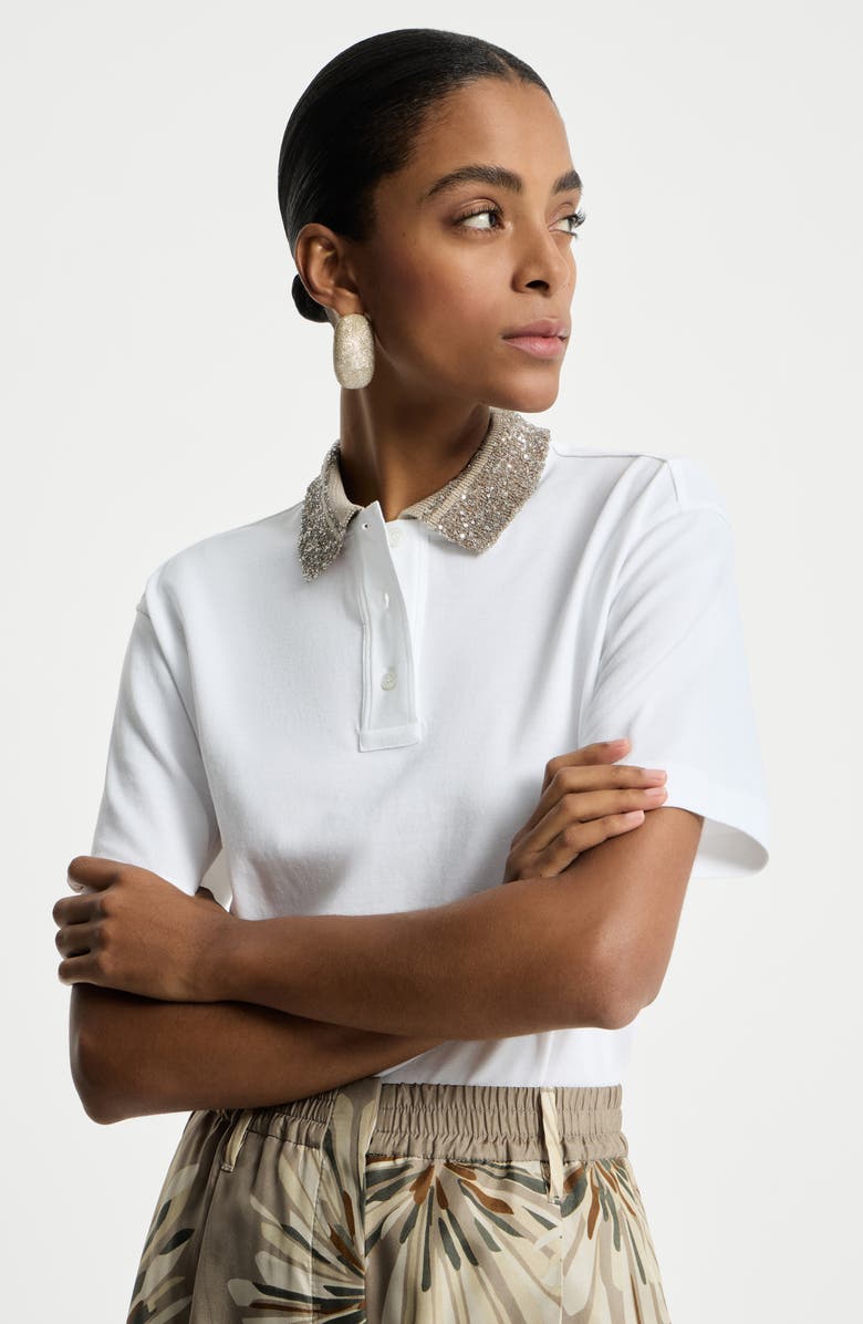 Brunello Cucinelli Polo with dazzling knit collar, Alternate, color, White