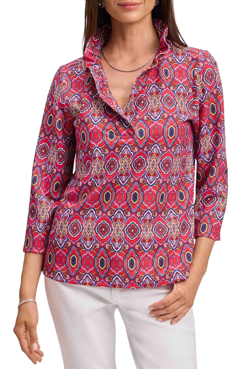 Foxcroft Tammy Tile Print Ruffle Collar Jersey Top, Main, color, Red/ Multi