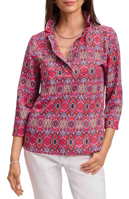 Foxcroft Tammy Tile Print Ruffle Collar Jersey Top In Red/multi