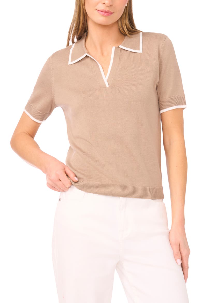 Tipped Johnny Collar Short Sleeve Sweater, Main, color, WEATHERED TEAK