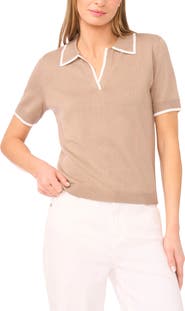 Halogen® Tipped Johnny Collar Short Sleeve Sweater