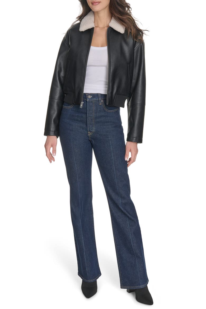 Faux Leather Bomber Jacket with Faux Shearling Collar, Alternate, color, BLACK