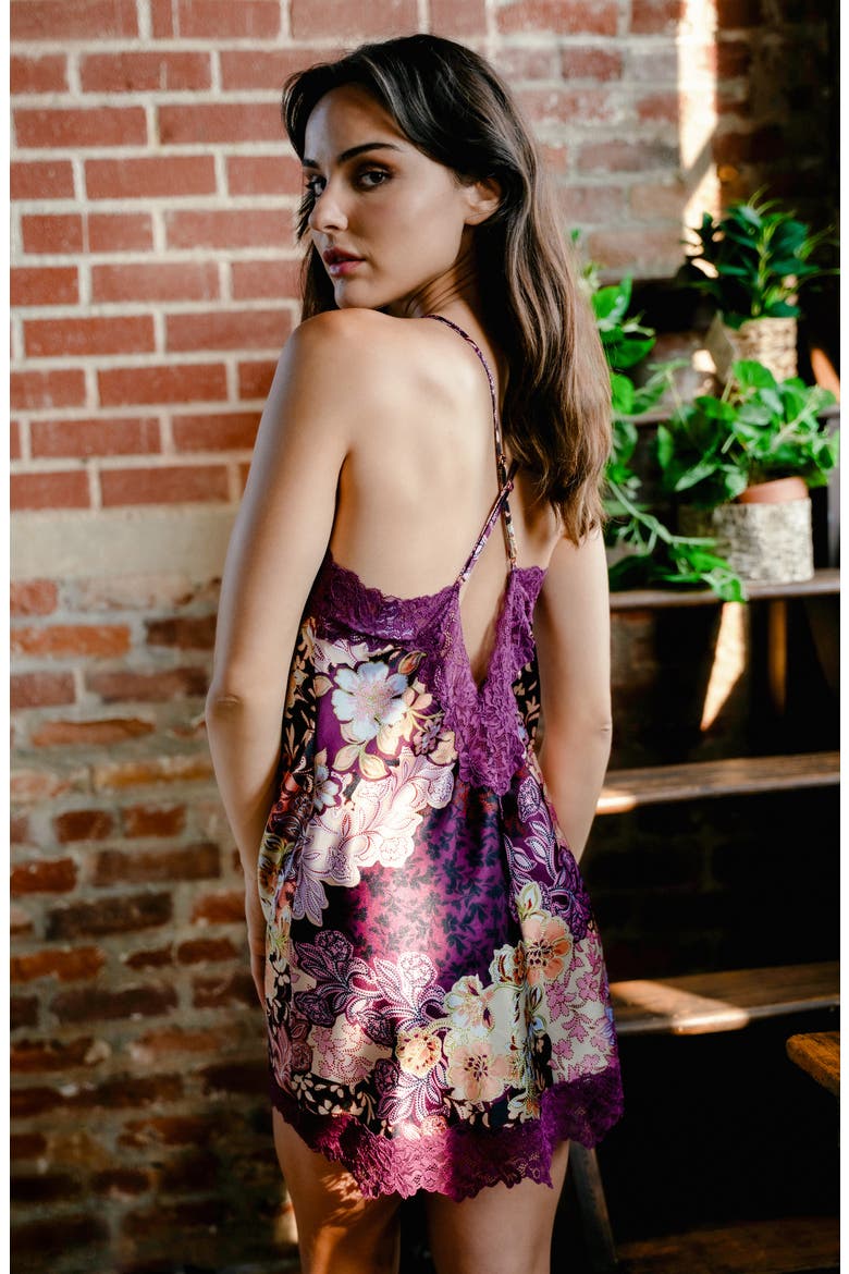 Anna Print Lace Trim Satin Chemise, Alternate, color, PLUM