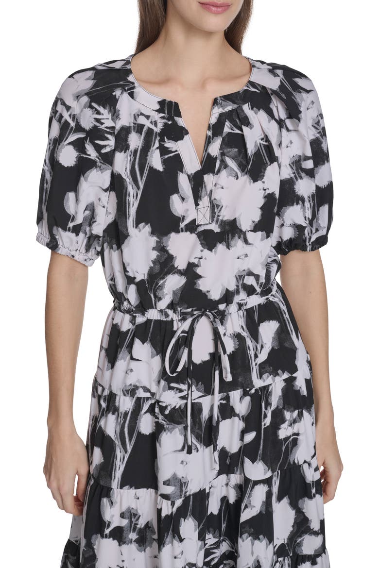 Floral Short Sleeve Tiered Midi Dress, Alternate, color, BLACK/ WHITE