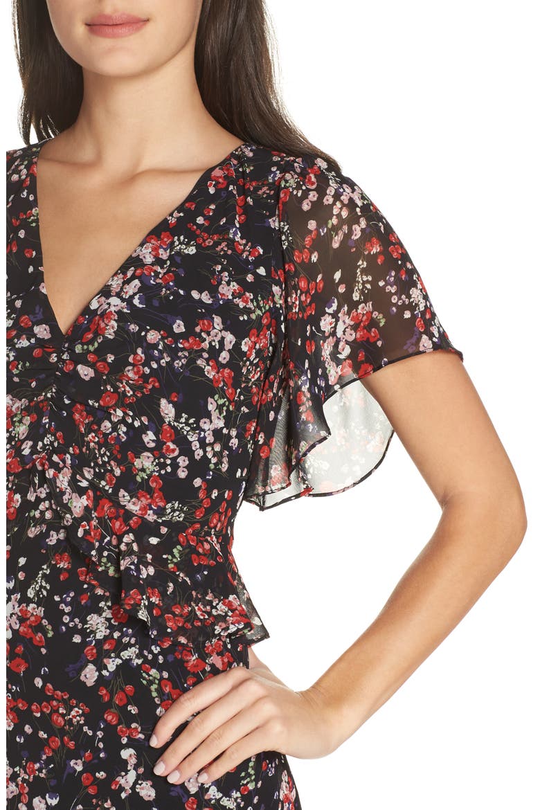 Floral Ruffle Midi Dress, Alternate, color, BLACK- RED SPRING BLOSSOMS