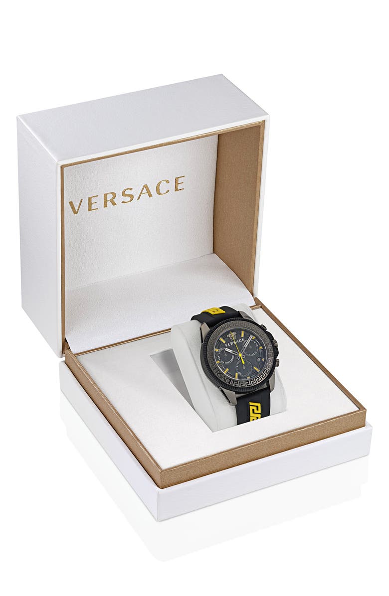 Versace Greca Action Chronograph Silicone Strap Watch, 45mm, Alternate, color, Gun