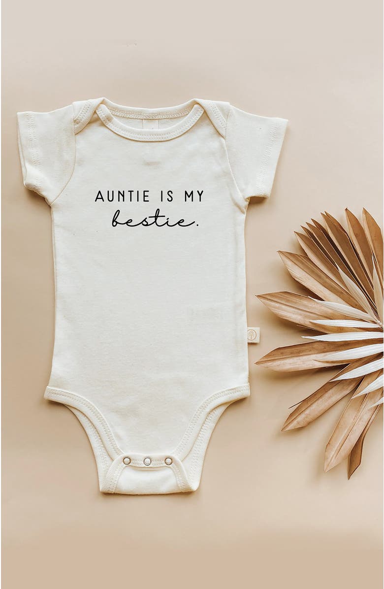 Tenth & Pine Auntie is my bestie Organic Baby Bodysuit, Alternate, color, Natural Black Lettering
