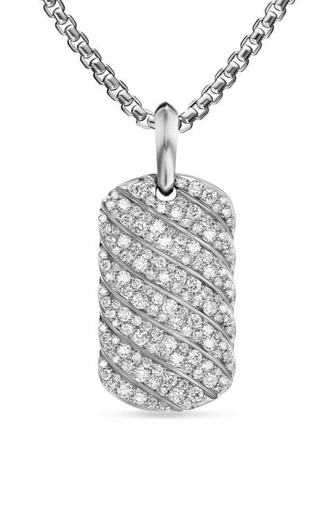 Men's Sculpted Cable Tag in Sterling Silver with Diamonds, 27mm