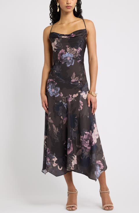 Cowl Neck Seamed Satin Midi Dress