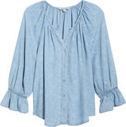 Liverpool Los Angeles Shirred Chambray Button-up Top