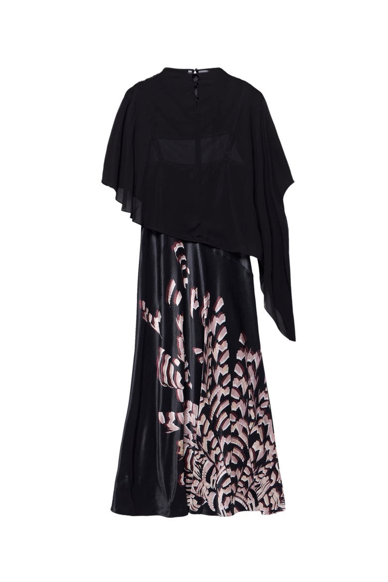 Satin Printed Cape Detail Maxi Dress, Alternate, color, Black