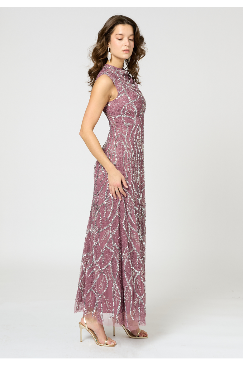 Embellished Sequin Beaded Maxi Dress with Cowl Neck, Alternate, color, MAUVE