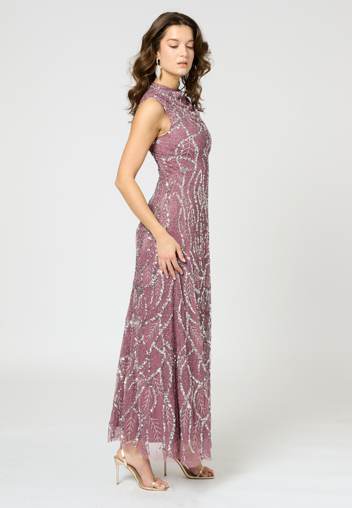 Beauut Embellished Sequin Beaded Maxi Dress With Cowl Neck In Pink