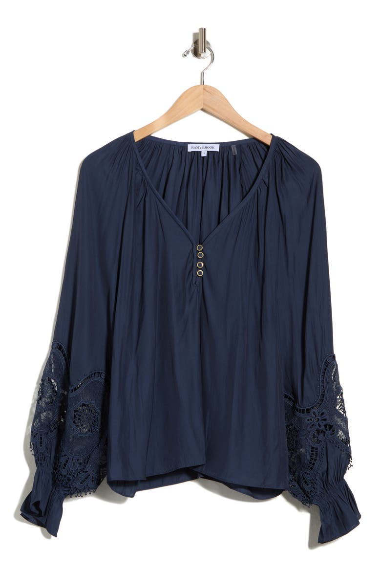 Irina Lace Trim Long Sleeve Top, Alternate, color, NAVY