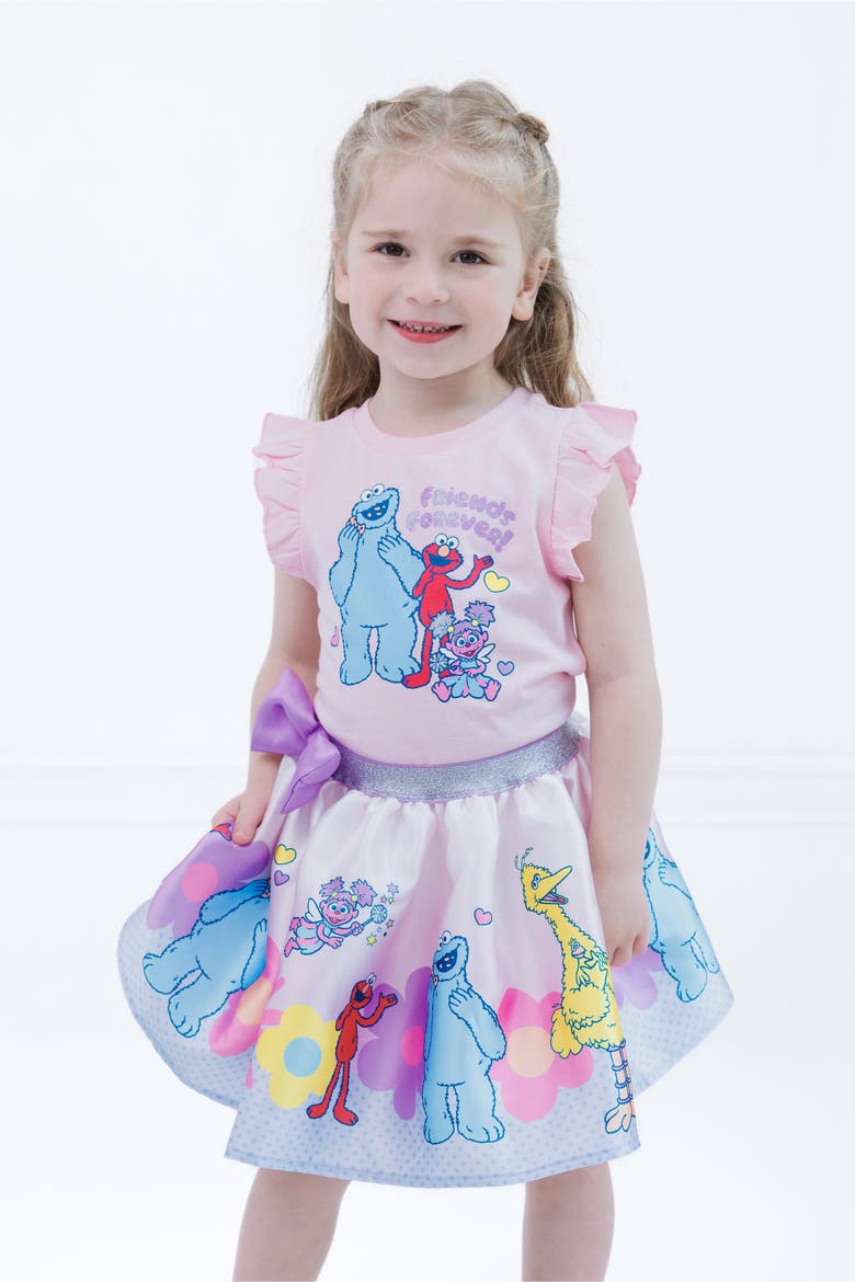 2-Piece T-Shirt and Satin Skirt Set, Alternate, color, Sesame Street Pink
